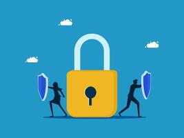 people are walking around a padlock with a shield vector