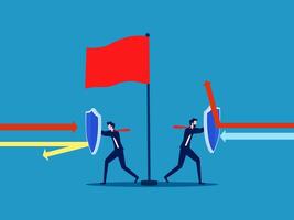 two businessmen are holding red flags and pointing at each other vector