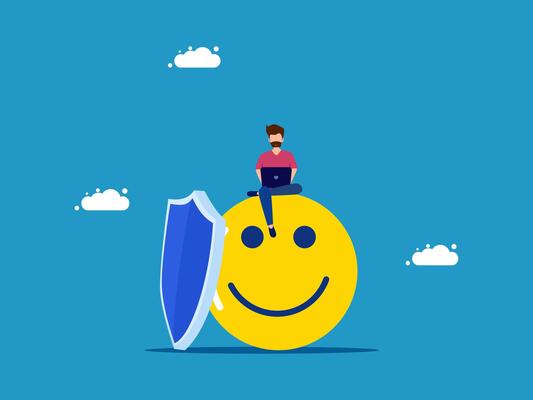a person sitting on top of a smiley face with a shield