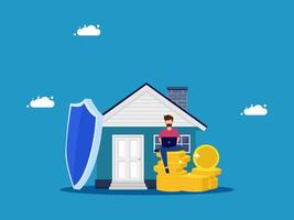 a man is sitting on top of a house with a shield and a coin vector