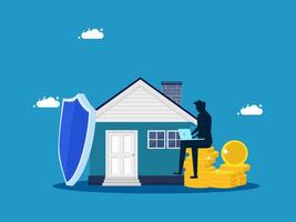 a man sits on top of a house with a shield and coins vector