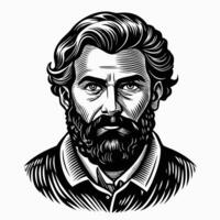 Woodcut Style Portrait of Bearded Man with Wavy Hair and Intense Expression vector