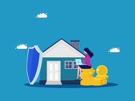 a woman sitting on a chair in front of a house with a shield and coins vector