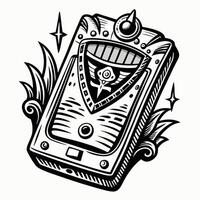 Retro Sci Fi Handheld Device with Alien Design Intricate Black and White Illustration vector