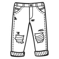 Black and white illustration of ripped jeans with patches and rolled cuffs vector