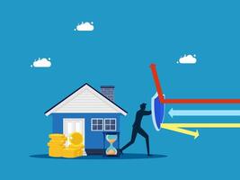 a man is pushing a house with an arrow pointing up vector
