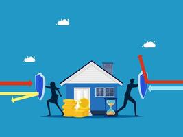 two people are standing in front of a house with a shield and a clock vector