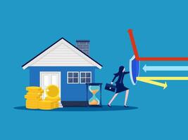 woman is pushing a house with an arrow pointing up vector