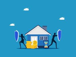 two people are standing in front of a house with a shield and money vector