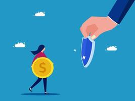 a hand is holding a coin and a woman is walking away with it vector