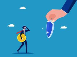 businessman holding a key and a hand with a coin vector