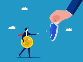 businessman holding a coin and a key to open a door vector