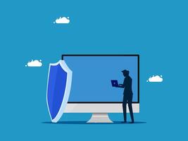 businessman using laptop computer with shield on screen vector