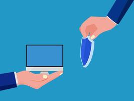 two hands holding a knife and a computer screen vector