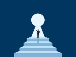 Solve the mystery, Businessman standing on the stairs in front of a key shaped door vector