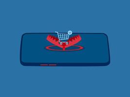 Lured with online shopping cart in smartphone trap vector