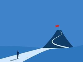 Ambition, Confident businessman looking at the flag of victory on the mountaintop vector