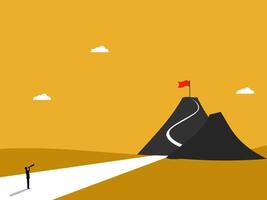 Path to Future Success, Businessman Looking at Telescope to Grab the Flag on Top of Mountain vector