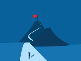 Ambition, businessman looking at flag on top of mountain vector