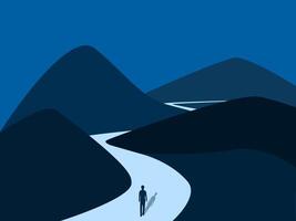 Mission, Businessman looking at a path through many mountains vector