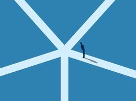 Businessman confused when looking at many paths vector
