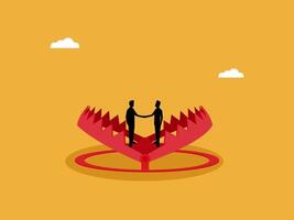 Tricked into business cooperation, two businessmen join hands in a trap vector