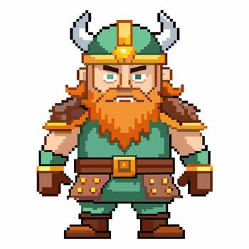 Pixel Art Viking Warrior Character with Axe and Helmet in Retro Game Style vector