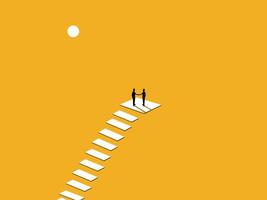 Merging, Success, Two businessmen shaking hands at the top of the ladder vector