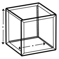 Transparent cube illustration with dimensions and geometric lines, featuring isometric perspective in black and white vector