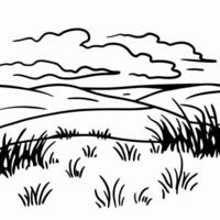 Black and white countryside landscape with clouds and fields in minimalist line art vector