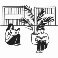 People reading in library, relaxing amid bookshelves and indoor plant vector