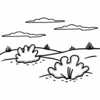Desert landscape illustration with simple shrubs and clouds in black and white vector