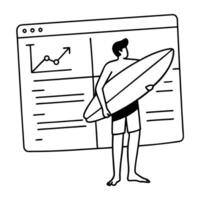 Illustration of surfer with surfboard analyzing online data and graphs for successful strategy vector