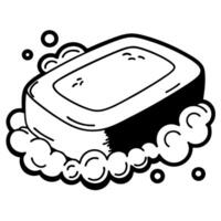 Bar of soap with suds, cleanliness and hygiene concept, black and white line art vector