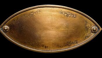 Vintage Brass Plaque With Intricate Designs Displayed Against a Dark Background photo
