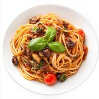 Spaghetti with mushrooms and tomatoes in tomato sauce on white background photo