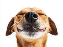 Happy Dog Displaying Joy With a Wide Smile and Relaxed Expression Against a Simple Background photo