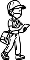 Hand-Drawn Black and White Courier Holding a Parcel Doodle Illustration vector
