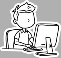 Hand-Drawn Kid Using Computer, Black and White Sketch vector