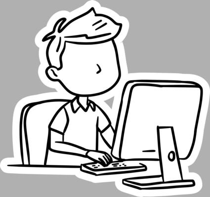 Hand-Drawn Kid Using Computer, Black and White Sketch