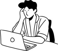 Hand-Drawn Black and White Stressed Man Working in Front of a Computer Doodle Illustration vector