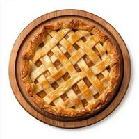 Delicious Homemade Apple Pie With a Lattice Crust Displayed on a Wooden Serving Board photo
