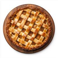 Lattice-topped Apple Pie Sitting on a Wooden Board in a Cozy Kitchen Setting photo