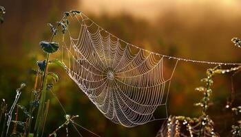 Dew-covered Spider Web Glistens in Sunrise Light Over a Grassy Field With Soft Background Bokeh photo