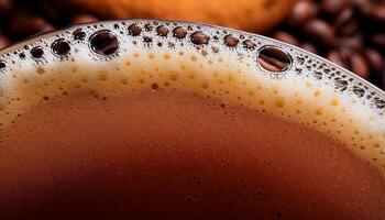 Close-up View of Freshly Brewed Coffee With Frothy Surface and Coffee Beans in the Background photo