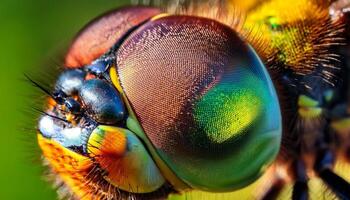 Close-up View of a Dragonfly Eye Showcasing Intricate Details and Vibrant Colors in a Natural Setting photo