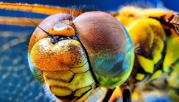Close-up View of a Dragonfly Showcasing Vibrant Colors and Intricate Details of Its Head Structure in Natural Surroundings photo