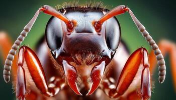 Detailed Close-Up View of a Vibrant Ant With Striking Red Mandibles and Large Eyes on a Blurred Green Background photo