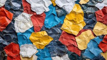A wall covered in crumpled paper with many different colors photo