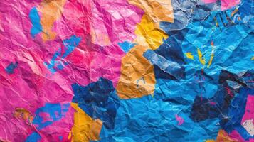 Colorful crumpled paper background with paint splatters photo